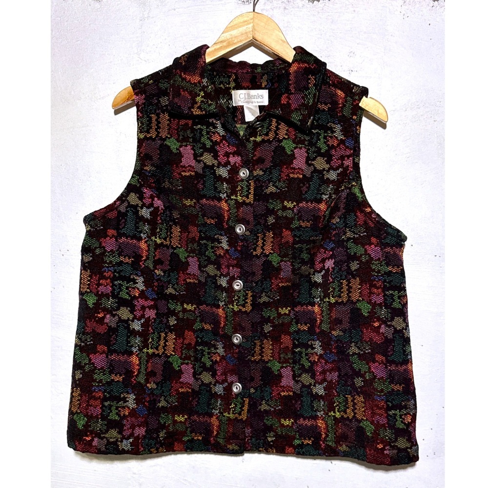 CJ Banks Womens X Tapestry Vest Multi Color Cotton Blend Abstract Woven Artsy